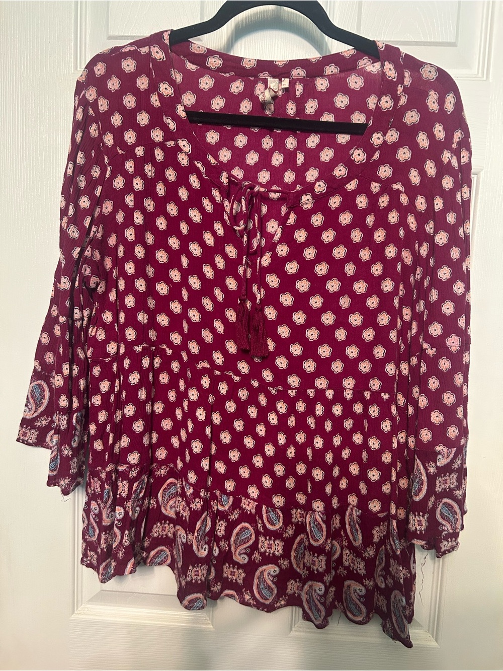 Red Camel Burgundy Printed Peasant Tunic with Tassel Tie